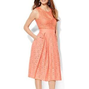 NEW YORK COMPANY NY&CO Eyelet Fit Flare Dress Coral Orange Pink Sleeveless Midi